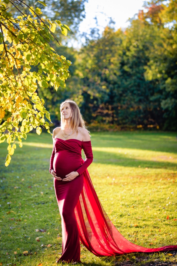 Fall maternity portrait in red gown